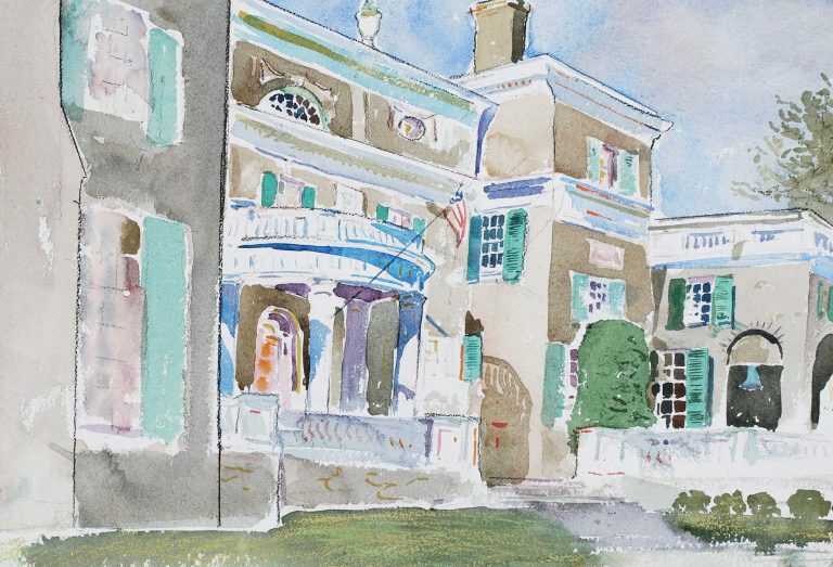 Watercolor By Adam Van Doren: Hyde Park From Entry (franklin D. Roosevelt) At Childs Gallery