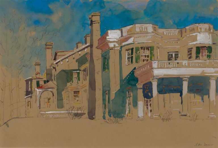 Watercolor By Adam Van Doren: Hyde Park From Lawn (franklin D. Roosevelt) At Childs Gallery