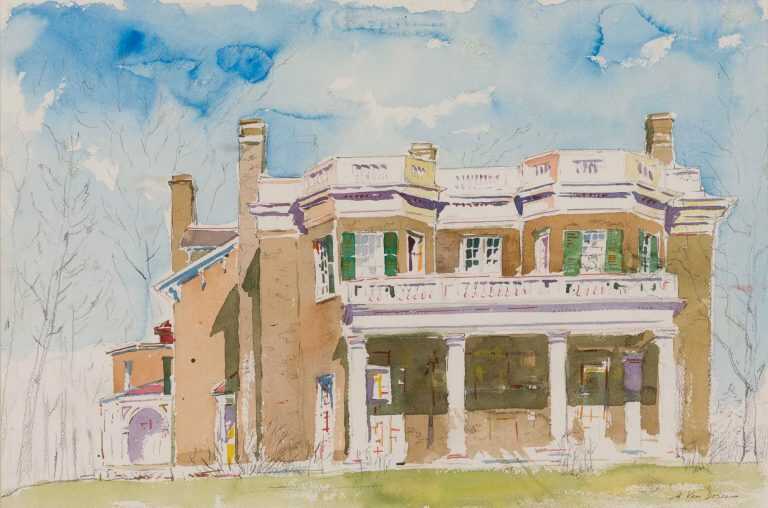 Watercolor By Adam Van Doren: Hyde Park From Porch (franklin D. Roosevelt) At Childs Gallery
