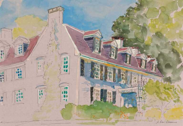 Watercolor By Adam Van Doren: John Adams House From Road At Childs Gallery