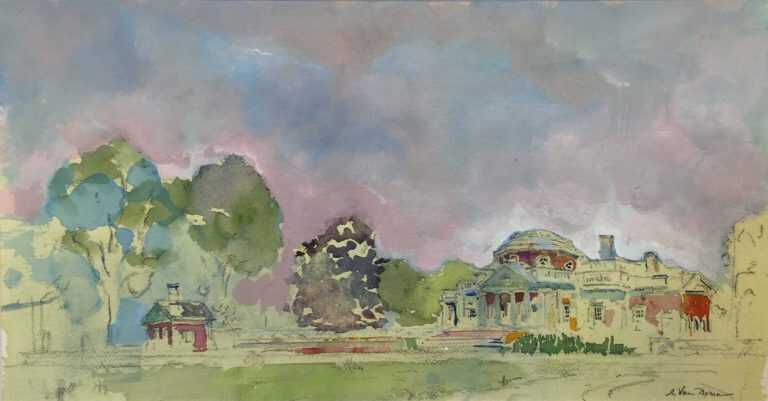 Watercolor By Adam Van Doren: Monticello Grounds (thomas Jefferson) At Childs Gallery
