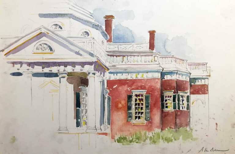 Watercolor By Adam Van Doren: Monticello Side Wing (thomas Jefferson) At Childs Gallery