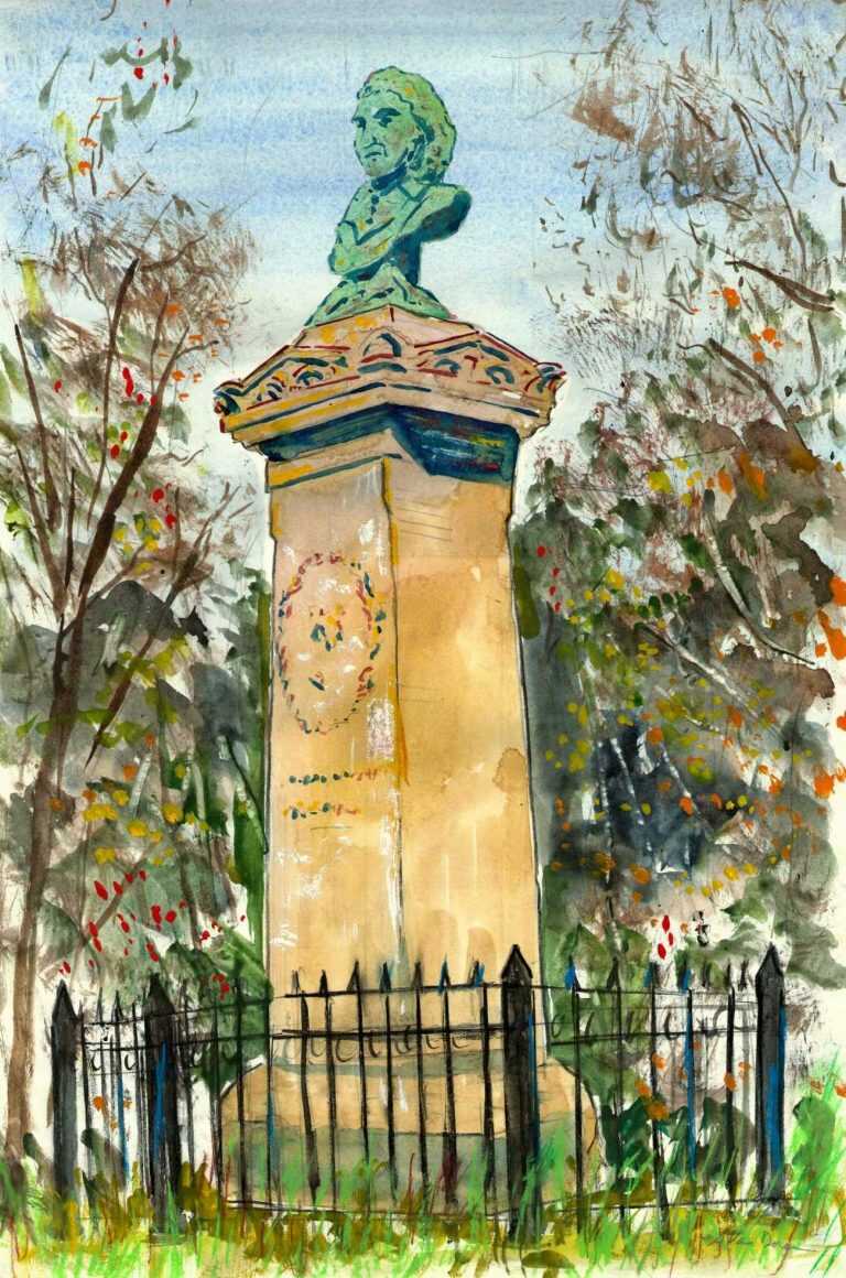 Watercolor By Adam Van Doren: Monument To Thomas Paine (new Rochelle, Ny) At Childs Gallery