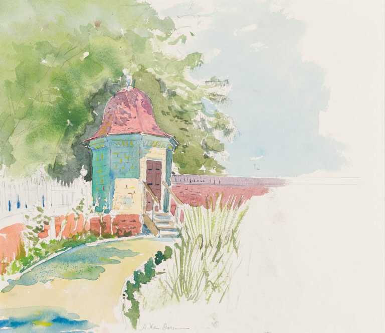 Watercolor By Adam Van Doren: Mount Vernon Garden Folly (george Washington) At Childs Gallery