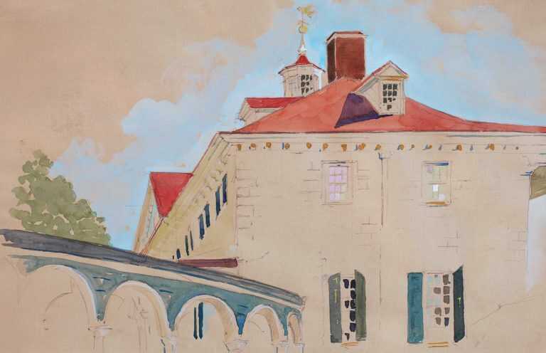 Watercolor By Adam Van Doren: Mount Vernon View With Cupola (george Washington) At Childs Gallery