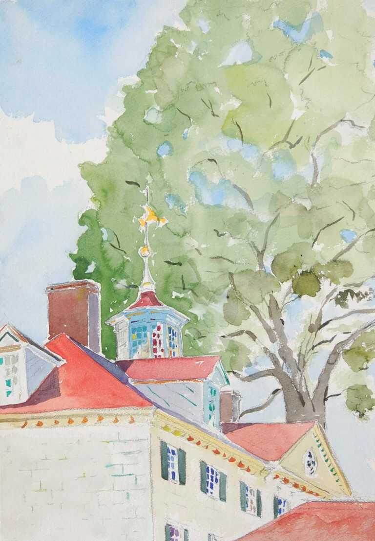 Watercolor By Adam Van Doren: Mount Vernon With Tree (george Washington) At Childs Gallery