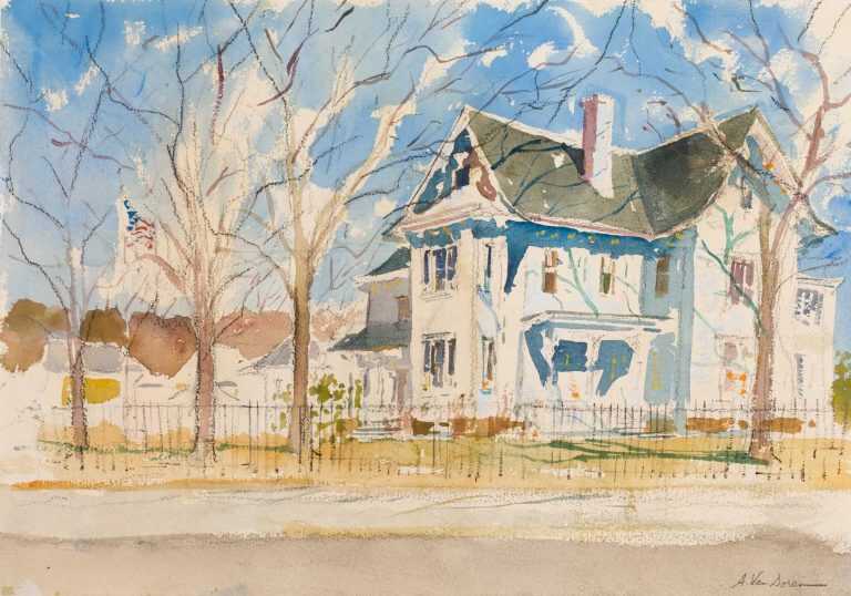 Watercolor By Adam Van Doren: Truman House In Autumn At Childs Gallery