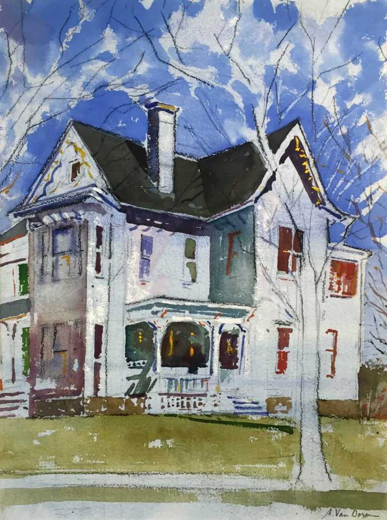 Watercolor By Adam Van Doren: Truman House With Tree At Childs Gallery