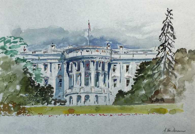 Watercolor By Adam Van Doren: White House With Trees At Childs Gallery