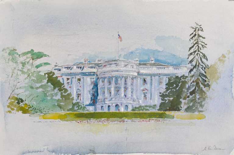 Watercolor By Adam Van Doren: White House With Trees Ii At Childs Gallery