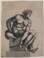 Print By Adamo Scultori: Male Nude(s) Seated On Pedastal(s), Figure(s) Flanking "the Creation Of Eve;" No. 16 Of The Series, [after Michelangelo Buonarotti (1475 1564)] At Childs Gallery