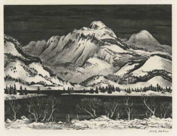 Print by Adolf Dehn: Snow Mountain or Lake in the Mountains [probably Colorado], represented by Childs Gallery