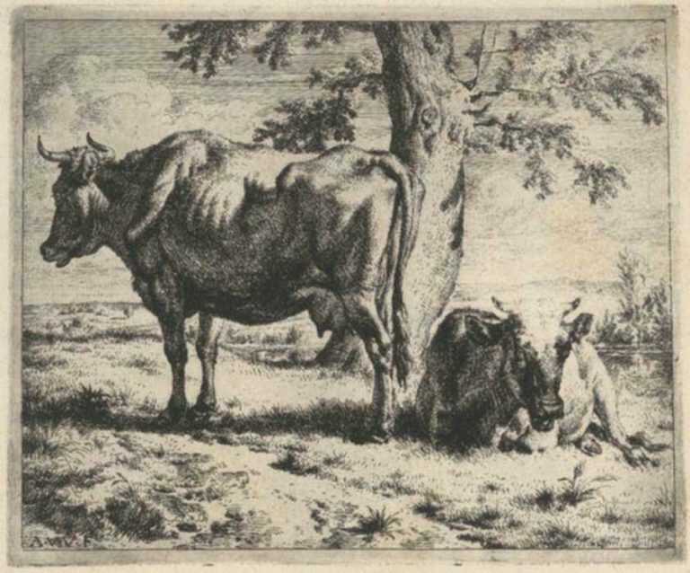 Print by Adriaen van de Velde: Two Cows under a Tree, represented by Childs Gallery