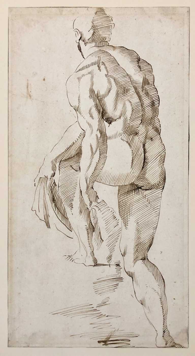 Drawing by After Giovanni di Benedetto Bandini, called Giovanni dell'Opera: Nude Male Figure Stepping on Platform, Seen from Behind, available at Childs Gallery, Boston