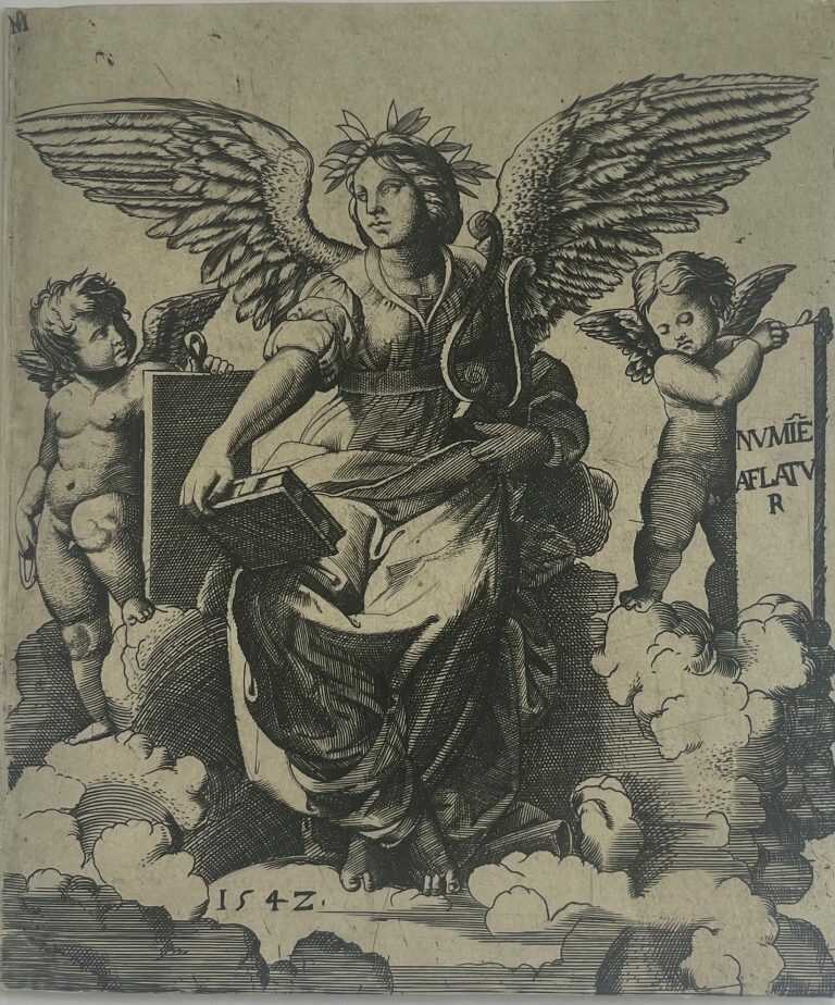Print By After Marcantonio Raimondi, Italian (1480 1534): Poetry Personified As A Winged Woman [after Raphael Sanzio (1483 1520)] At Childs Gallery