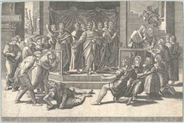 Print by Agostino Veneziano (Agostino Musi): The Death of Ananias, [after Raphael Sanzio (1483-1520)], represented by Childs Gallery