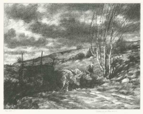 Print by Albert Barker: Hauling the Log, represented by Childs Gallery
