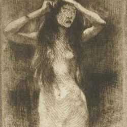 Print by Albert Besnard: Jeune Fille Nue Se Coiffant (Young nude girl styling herself, represented by Childs Gallery
