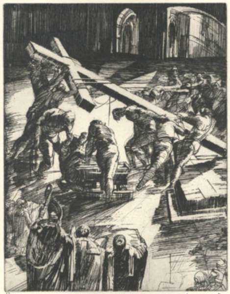 Print by Albert Decaris: Combourg Series: Erection of a Cross, represented by Childs Gallery