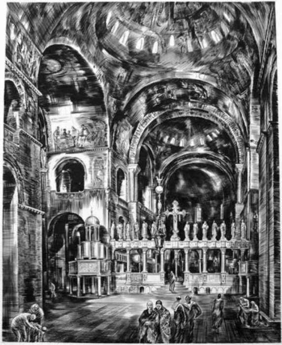 Print by Albert Decaris: St. Mark's, Venice (Intérieur de Saint-Marc I), represented by Childs Gallery