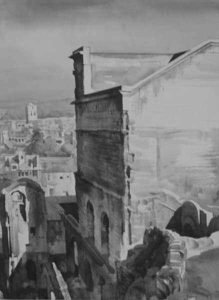 Drawing by Albert Decaris: The Great Wall and the Town of Orange - Morning [Southern Fr, represented by Childs Gallery