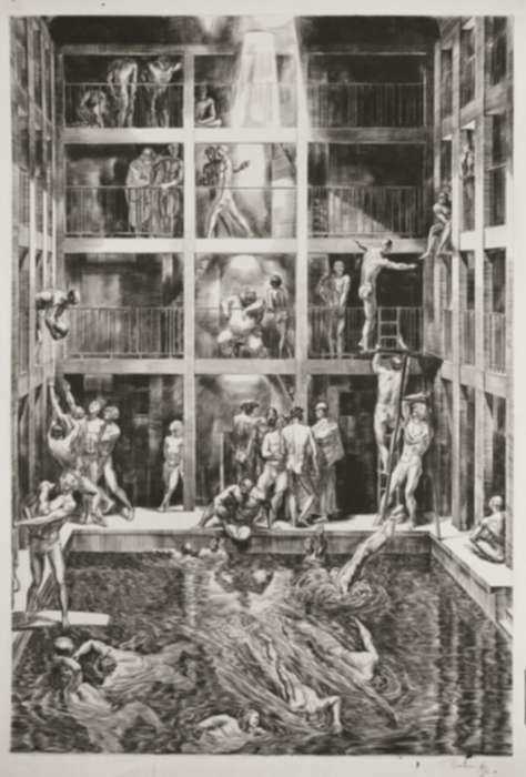 Print by Albert Decaris: The Swimming Pool (La Piscine), represented by Childs Gallery