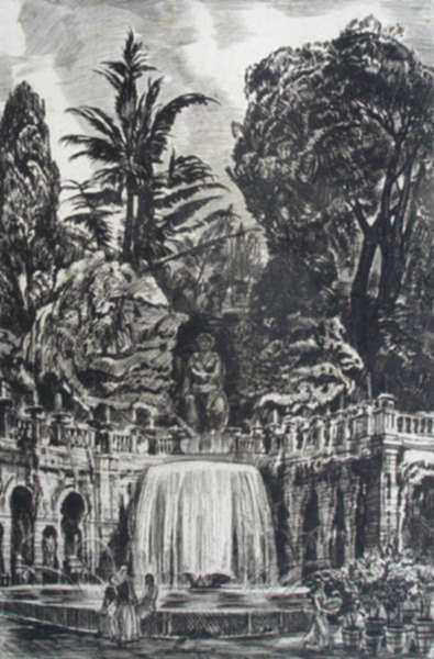 Print by Albert Decaris: Villa d' Este - Grande cascade, represented by Childs Gallery