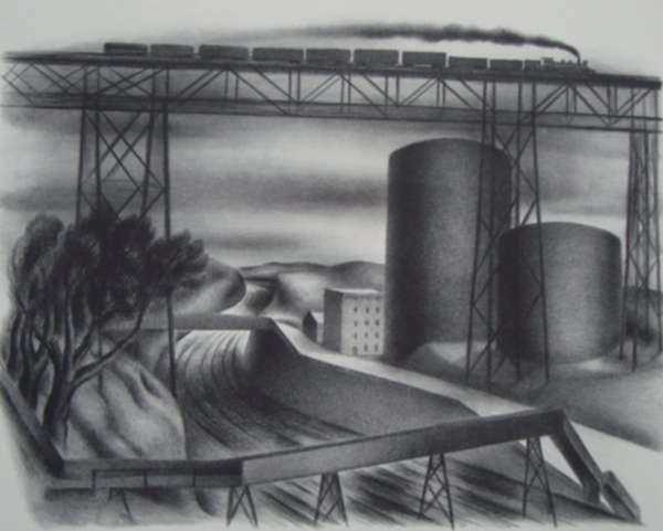 Print by Albert Heckman: Bridge at Poughkeepsie, represented by Childs Gallery