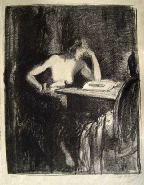 Print by Albert Sterner: [Nude Seated at Desk], represented by Childs Gallery