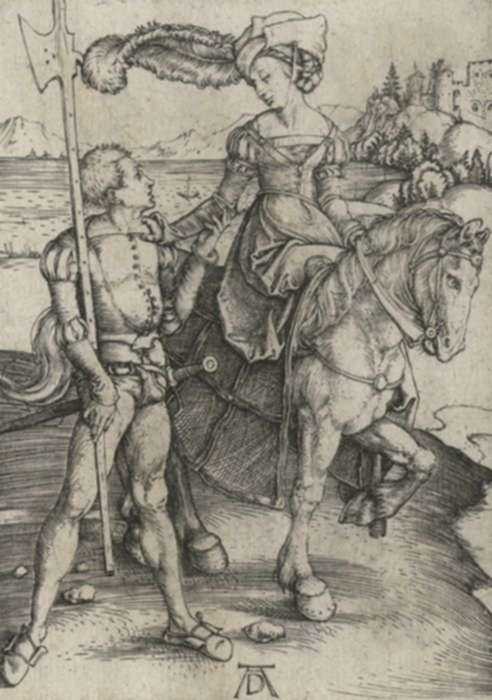 Print by Albrecht Dürer: Lady on Horseback and Lansquenet, represented by Childs Gallery