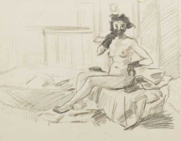 Drawing by Alexander Brook: [Woman with Glove to Mouth - Nude], represented by Childs Gallery