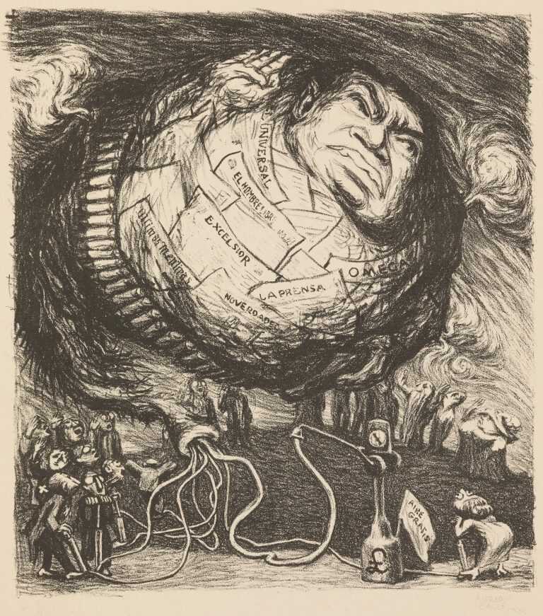 Print by Alfredo Zalce: The Press Serving Imperialism (La Prensa al Servicio del Imperialismo), available at Childs Gallery, Boston