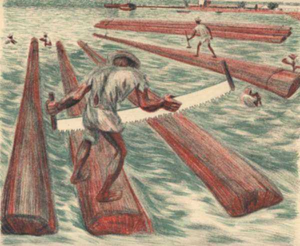 Print by Alfredo Zalce: Lumber Workers (Ciudad Del Carmen Edo. de Campeche), represented by Childs Gallery