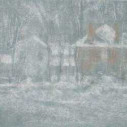 Pastel by Alice Ruggles Sohier: Houses in Winter in the Woods, represented by Childs Gallery