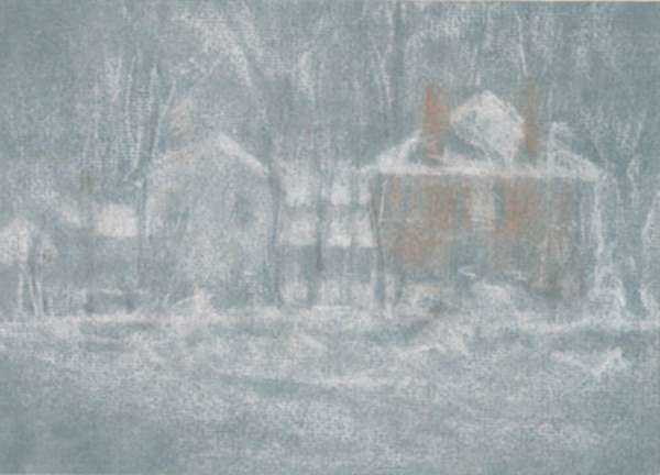 Pastel by Alice Ruggles Sohier: Houses in Winter in the Woods, represented by Childs Gallery