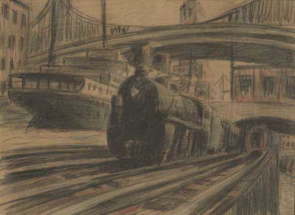 Watercolor by Allan Rohan Crite: Locomotive, represented by Childs Gallery