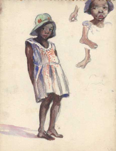 Watercolor by American school (circle of Charles Woodbury): [Jamaican Girl in Flowered Hat], represented by Childs Gallery