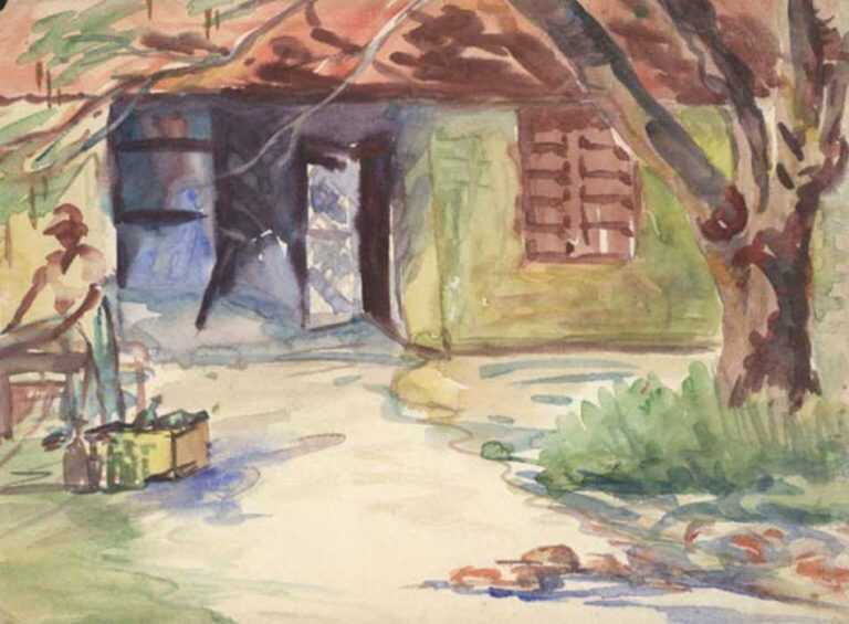 Watercolor by American school (circle of Charles Woodbury): [Jamaican House], represented by Childs Gallery