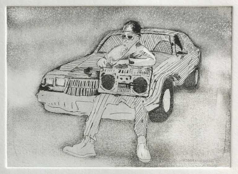 Print by Andrew Fish: Boombox Hotrod, available at Childs Gallery, Boston