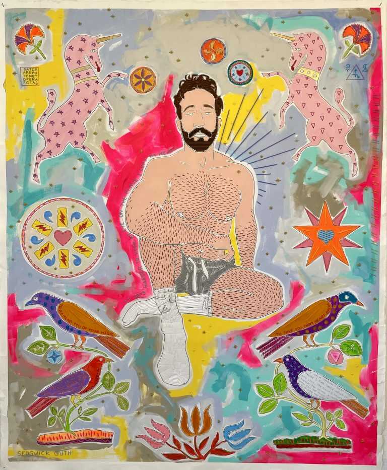 Mixed Media by Andrew Sedgwick Guth: To bring you flowers, to remind you of your magic (self portrait between the sun and the moon), available at Childs Gallery, Boston