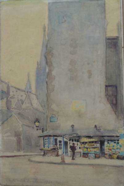 Watercolor by Anita Willets-Burnham: [Corner Store, Journaux, Paris], represented by Childs Gallery