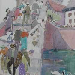 Watercolor by Anita Willets-Burnham: [Crossing the Swan Bridge, Chicago Worlds Fair], represented by Childs Gallery