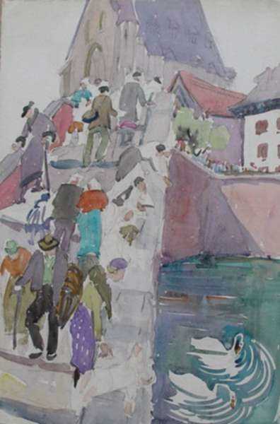 Watercolor by Anita Willets-Burnham: [Crossing the Swan Bridge, Chicago Worlds Fair], represented by Childs Gallery