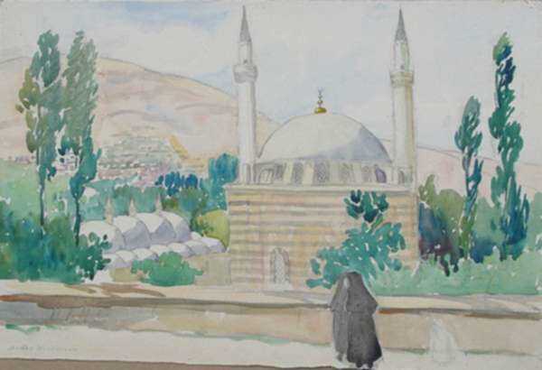 Watercolor by Anita Willets-Burnham: [Damascus Mosque], represented by Childs Gallery