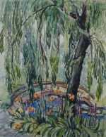 Watercolor by Anita Willets-Burnham: [Japanese Garden with Bridge and Willow Tree], represented by Childs Gallery