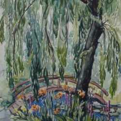Watercolor by Anita Willets-Burnham: [Japanese Garden with Bridge and Willow Tree], represented by Childs Gallery