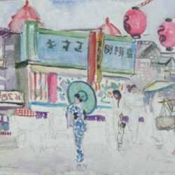 Watercolor by Anita Willets-Burnham: [Japanese Street with Pink Lanterns], represented by Childs Gallery