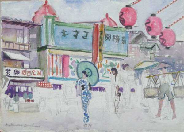 Watercolor by Anita Willets-Burnham: [Japanese Street with Pink Lanterns], represented by Childs Gallery