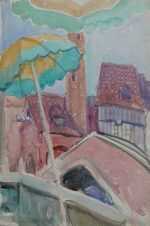 Watercolor by Anita Willets-Burnham: [Rooftops and Parasol, Chicago World's Fair], represented by Childs Gallery