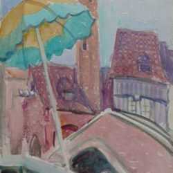 Watercolor by Anita Willets-Burnham: [Rooftops and Parasol, Chicago World's Fair], represented by Childs Gallery